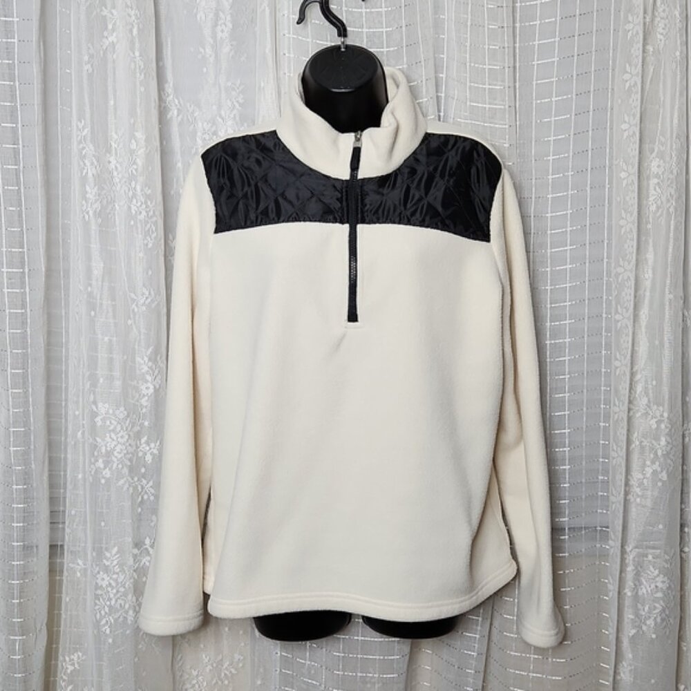 Chaps Cream White Pull Over Fleece W/ Black Quilted Shoulders SzXL